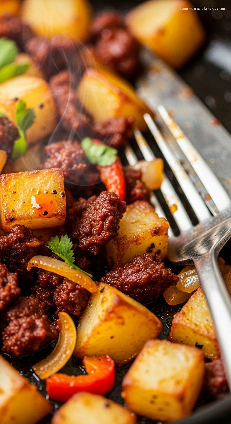 Crispy Potato and Chorizo Breakfast Hash – Closeup