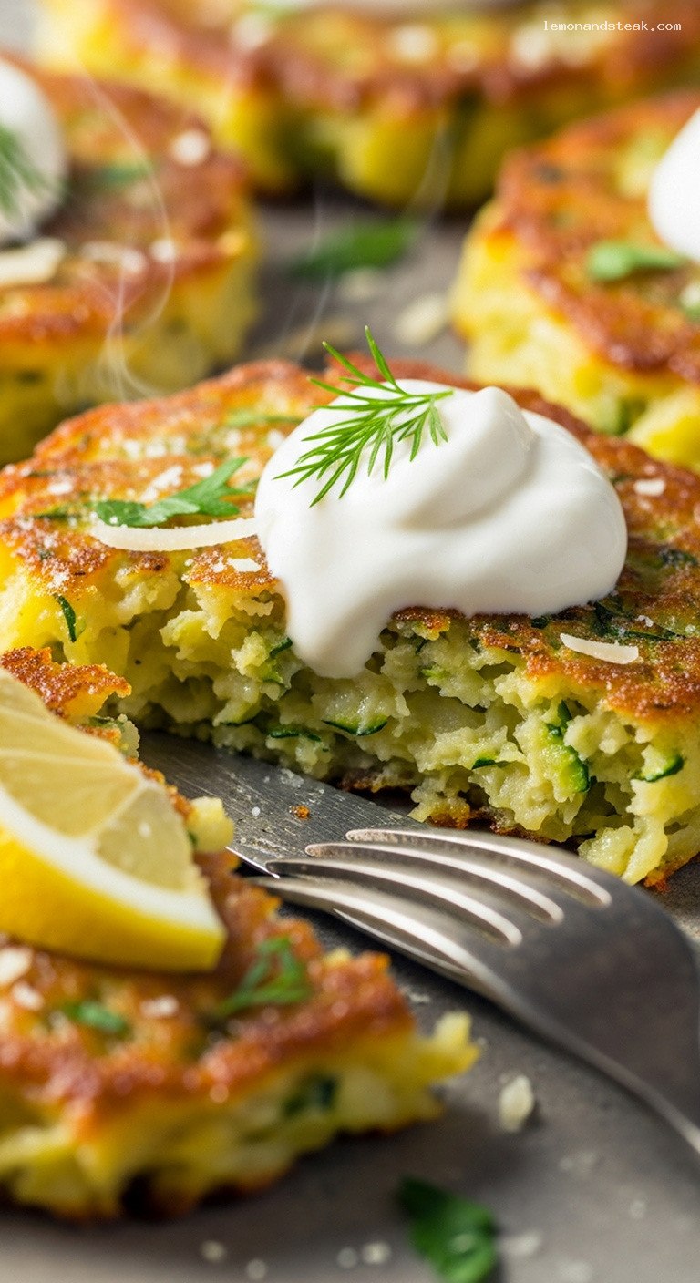 Crispy Potato and Zucchini Fritters with Fresh Herbs – Closeup