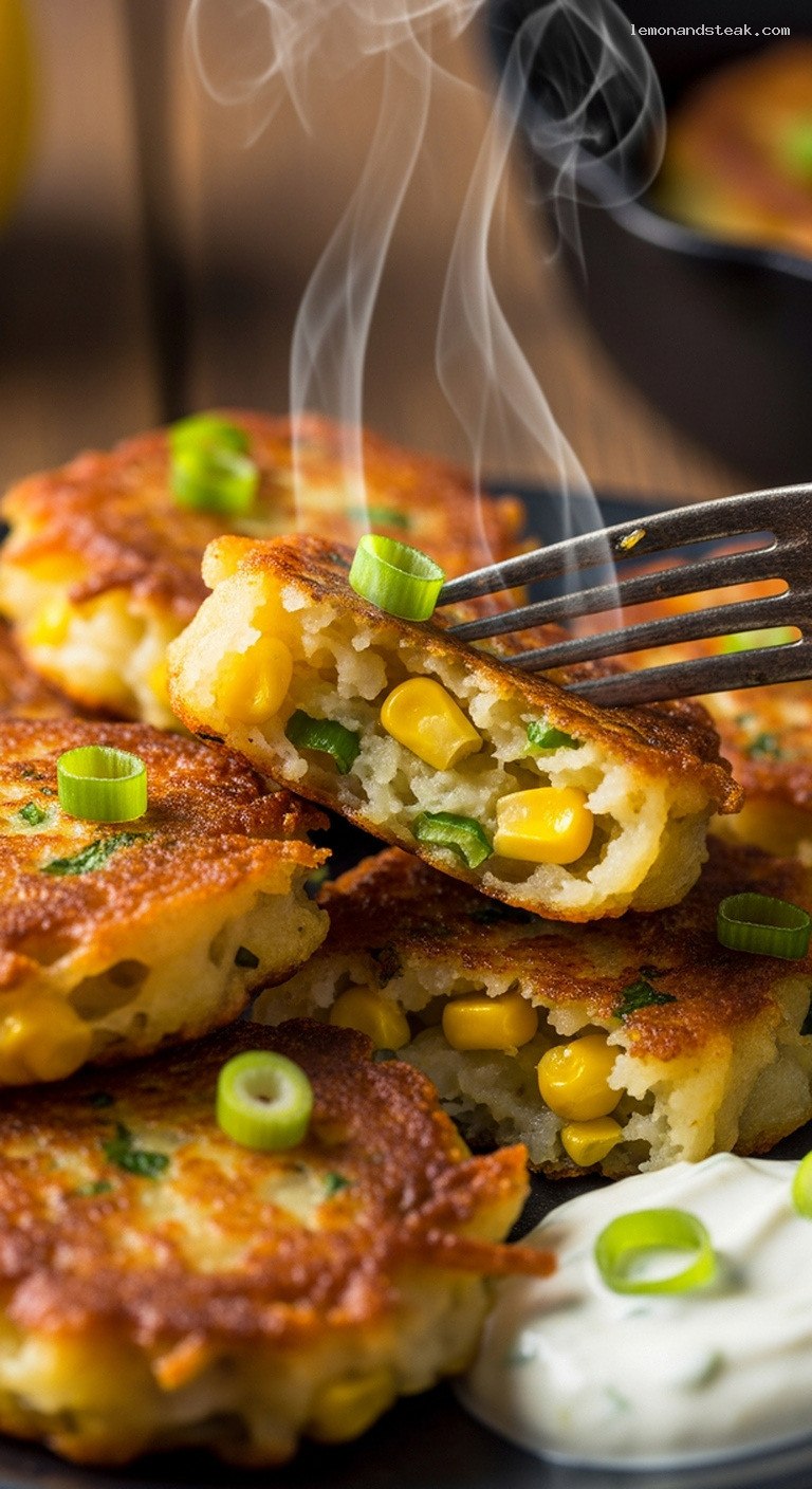 Crispy Potato Corn Fritters With Scallions – Closeup