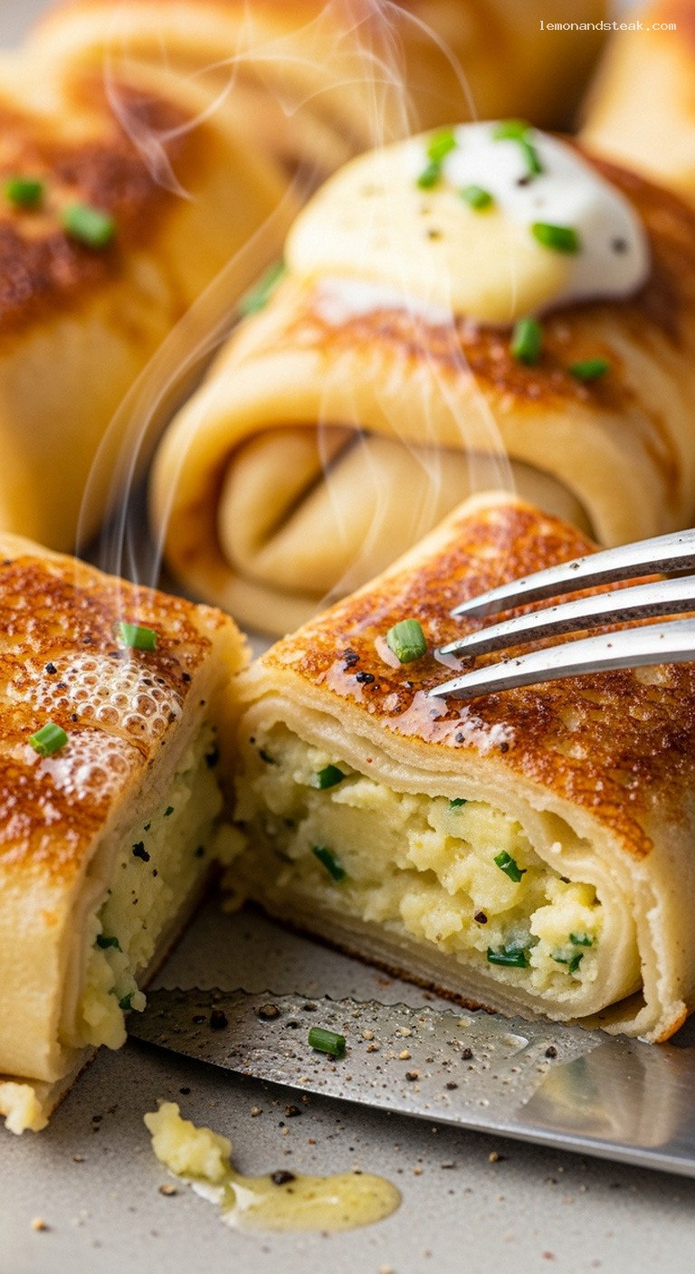 Crispy Potato-Stuffed Crepes With Golden Mashed Potatoes – Closeup