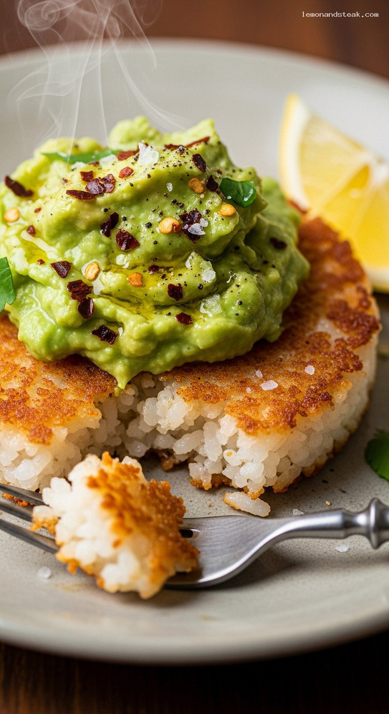 Crispy Rice Cakes with Spicy Avocado Smash – Closeup