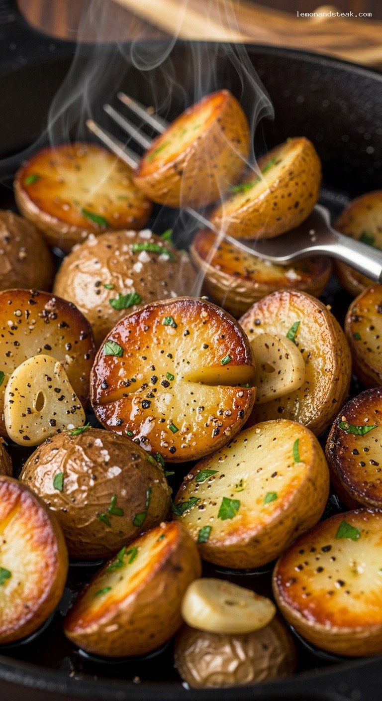Crispy Rosemary Garlic Skillet Potatoes – Closeup