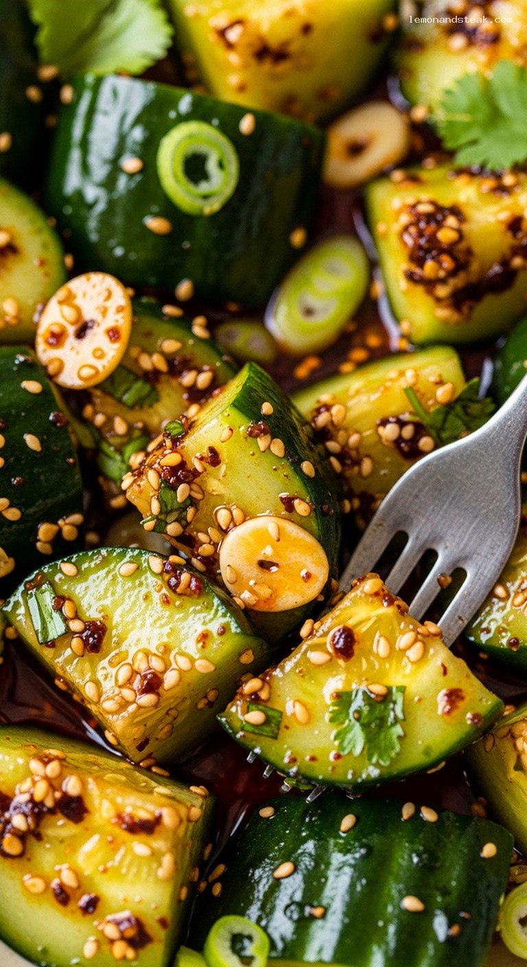 Crispy Smashed Cucumber Salad With Chili Oil – Closeup