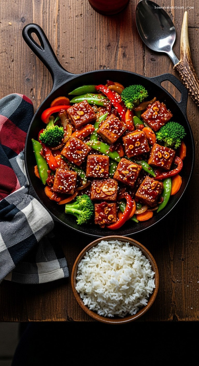 Crispy Spicy Garlic Sesame Tofu Stir-Fry