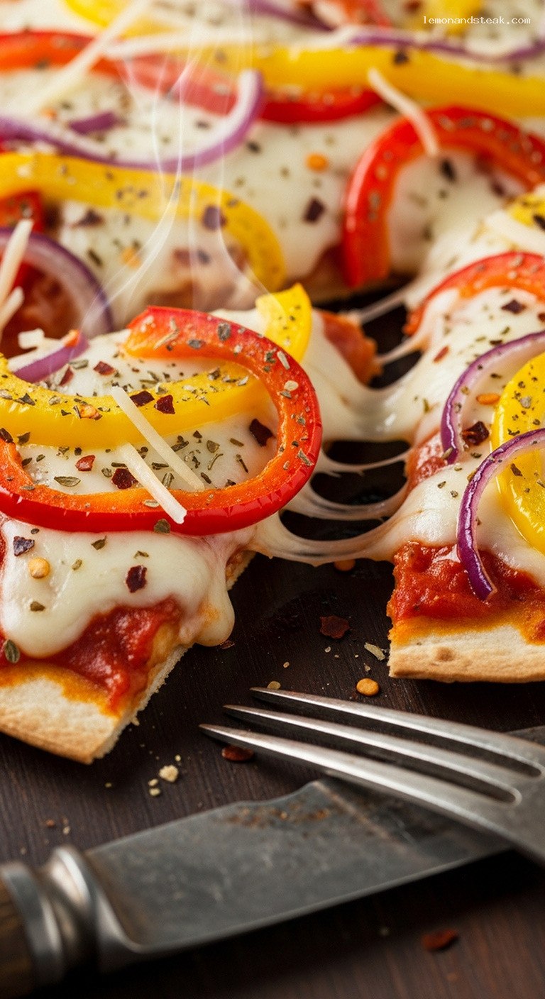 Crispy Tortilla Pizza with Quick Peppers and Cheese – Closeup