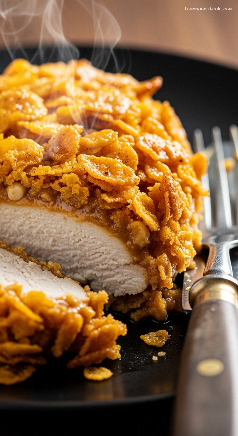 Crunchy Peanut Butter Cornflake Baked Chicken – Closeup