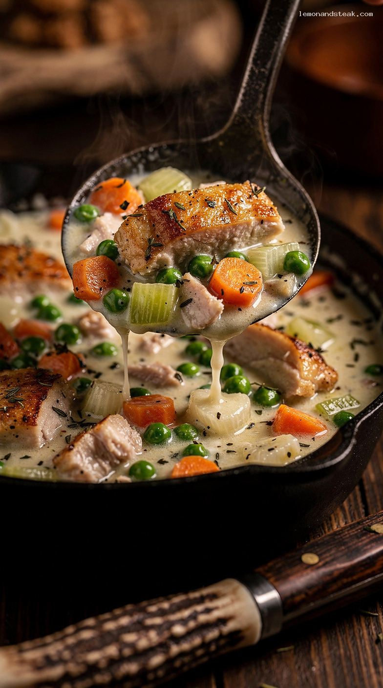 Crustless Chicken Pot Pie Stew With Creamy Herb Broth – Closeup