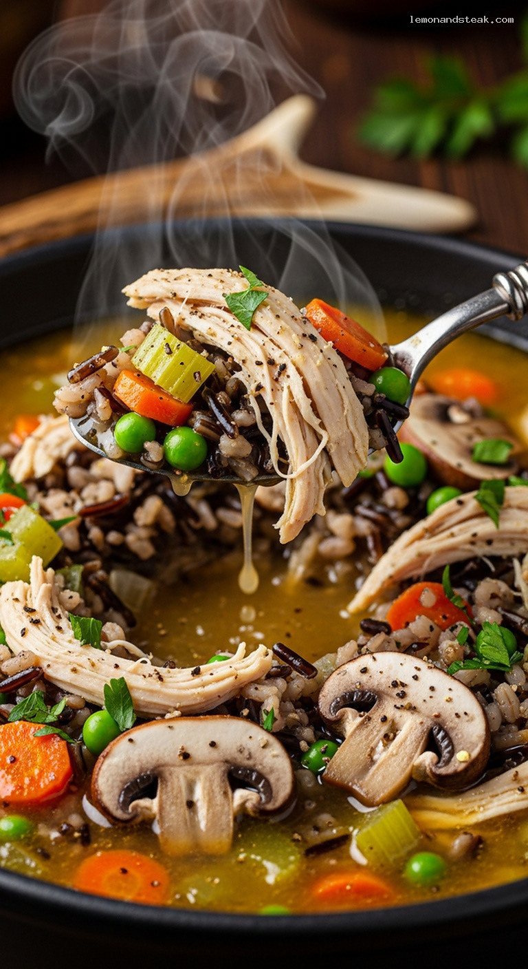 Dutch Oven Chicken and Wild Rice Soup with Herbs and Vegetables – Closeup
