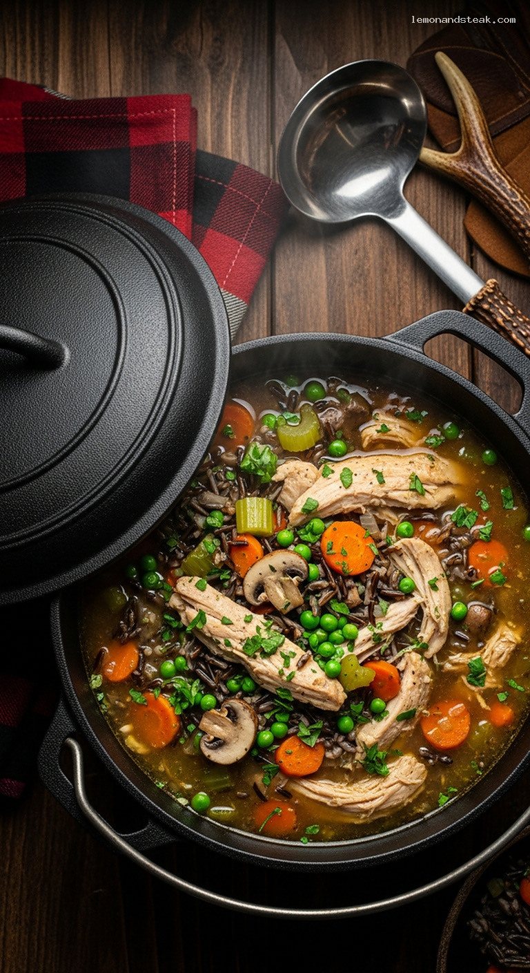 Dutch Oven Chicken and Wild Rice Soup with Herbs and Vegetables