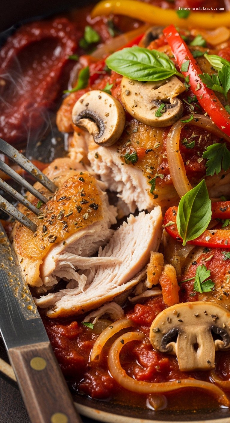 Dutch Oven Chicken Cacciatore With Peppers, Mushrooms, and Herbs – Closeup