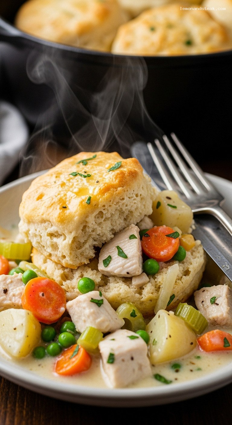 Dutch Oven Chicken Pot Pie with Drop Biscuits – Closeup