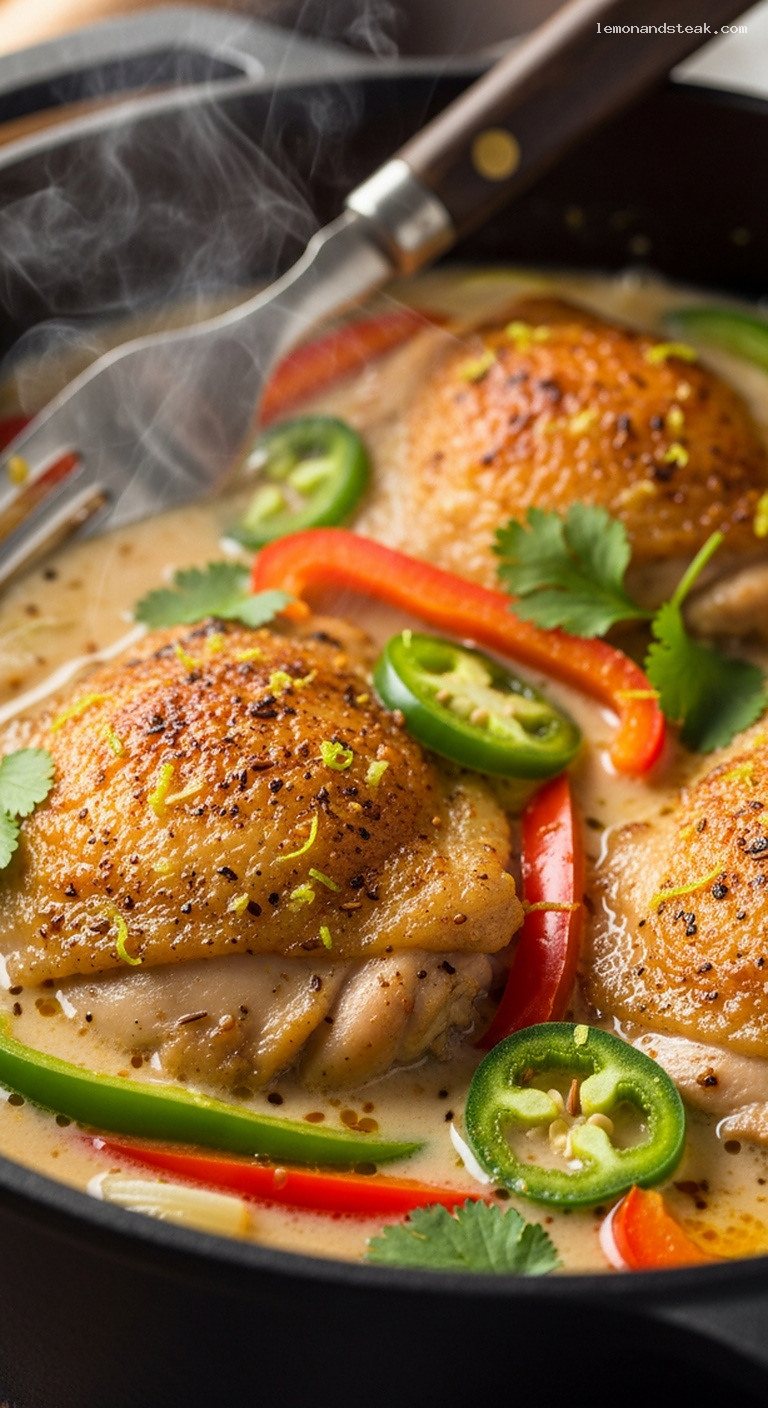 Dutch Oven Coconut Lime Chicken Thigh Stew – Closeup
