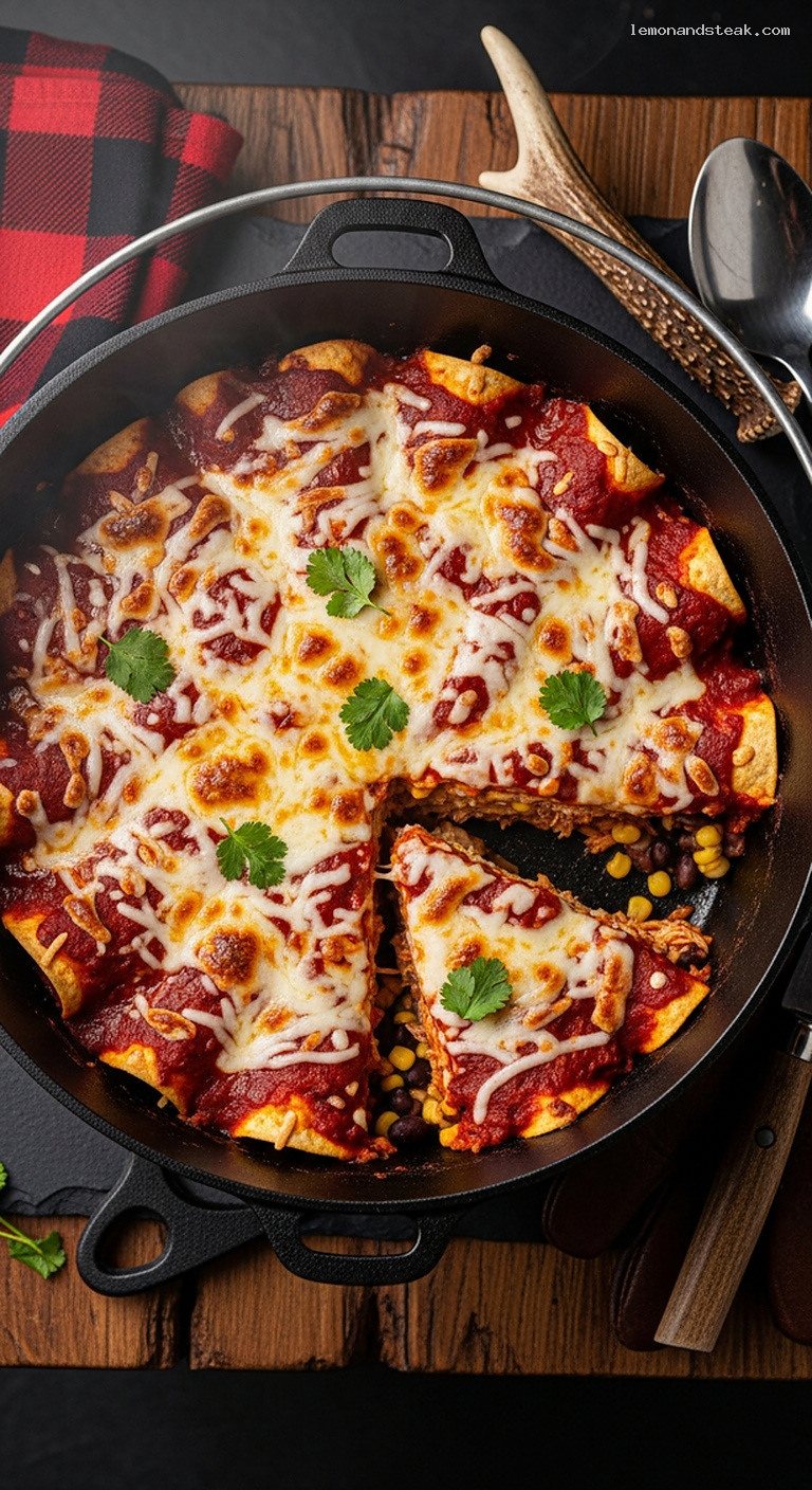 Dutch Oven Enchilada Stack Bake with Tortillas, Cheese, and Meat