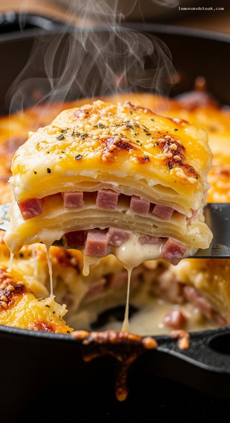 Dutch Oven Ham and Potato Gratin with Cream and Cheese – Closeup