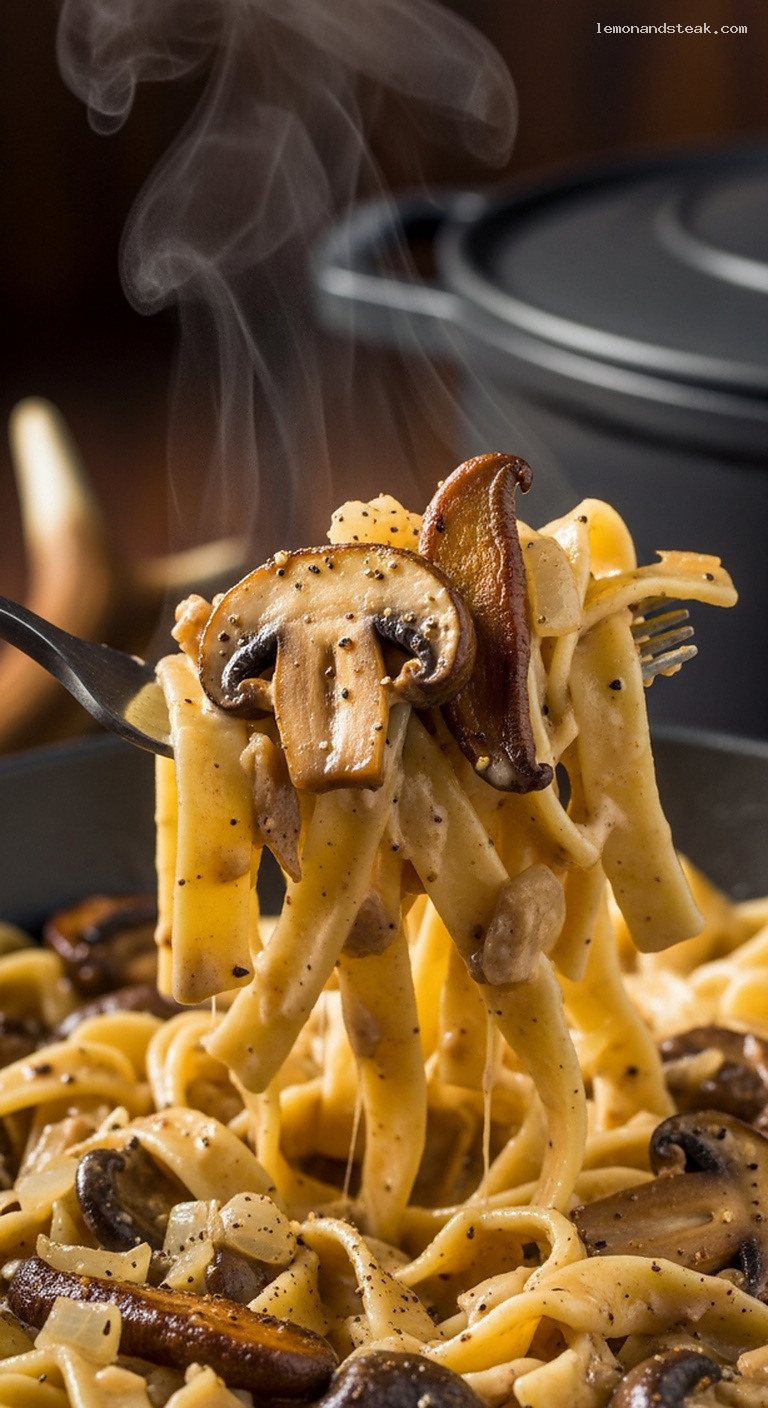 Dutch Oven Mushroom Stroganoff With Creamy Noodles – Closeup