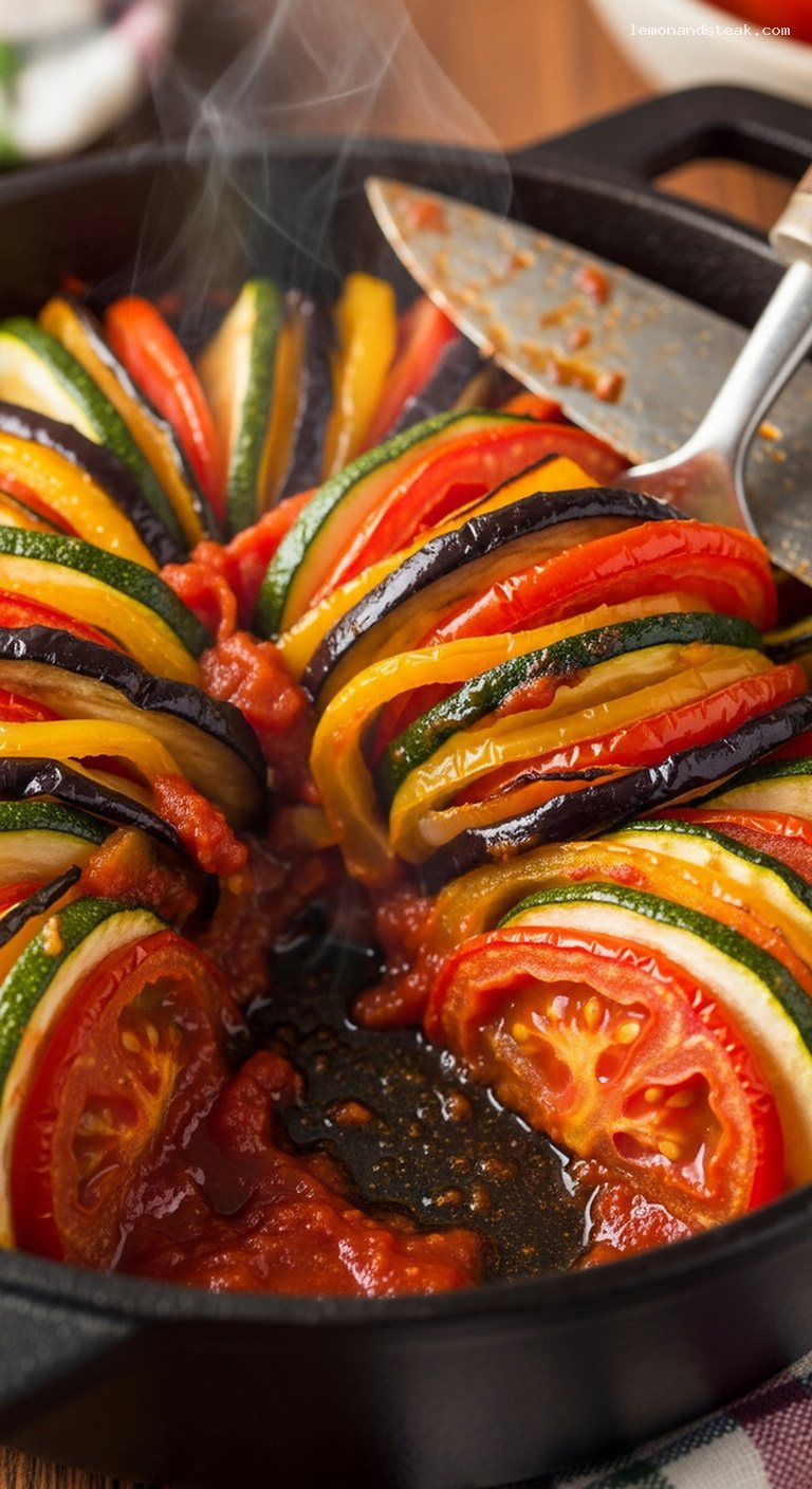 Dutch Oven Ratatouille Vegetable Bake with Zucchini and Eggplant – Closeup