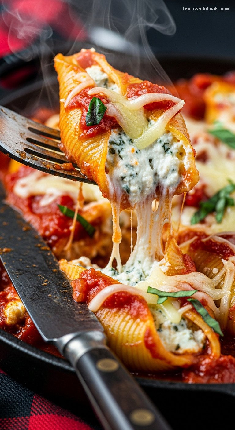 Dutch Oven Ricotta-Stuffed Shells Baked in Marinara – Closeup