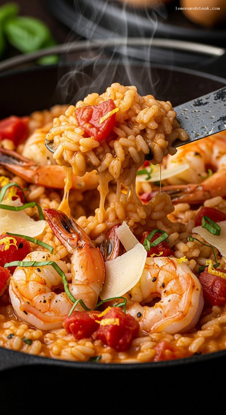 Dutch Oven Shrimp and Tomato Risotto Over Low Heat – Closeup
