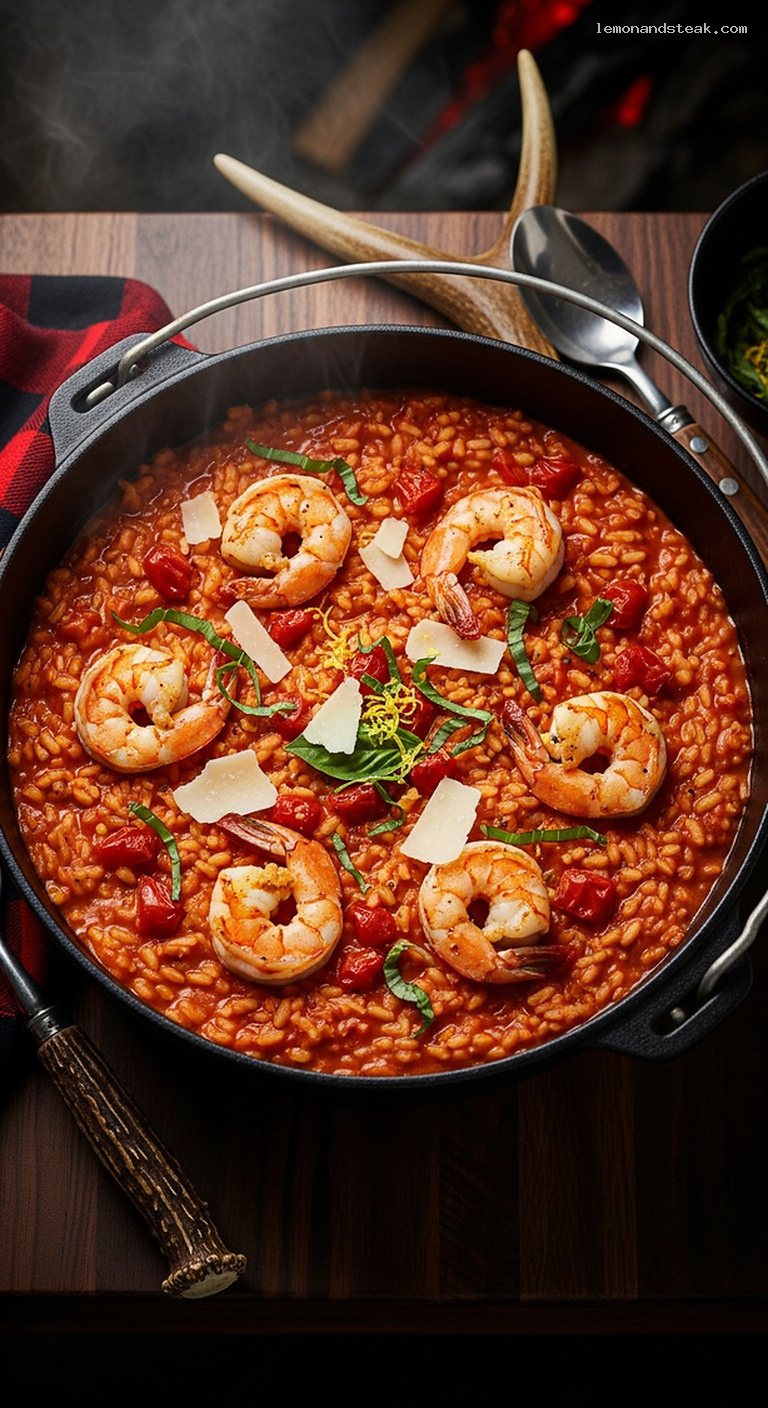 Dutch Oven Shrimp and Tomato Risotto Over Low Heat