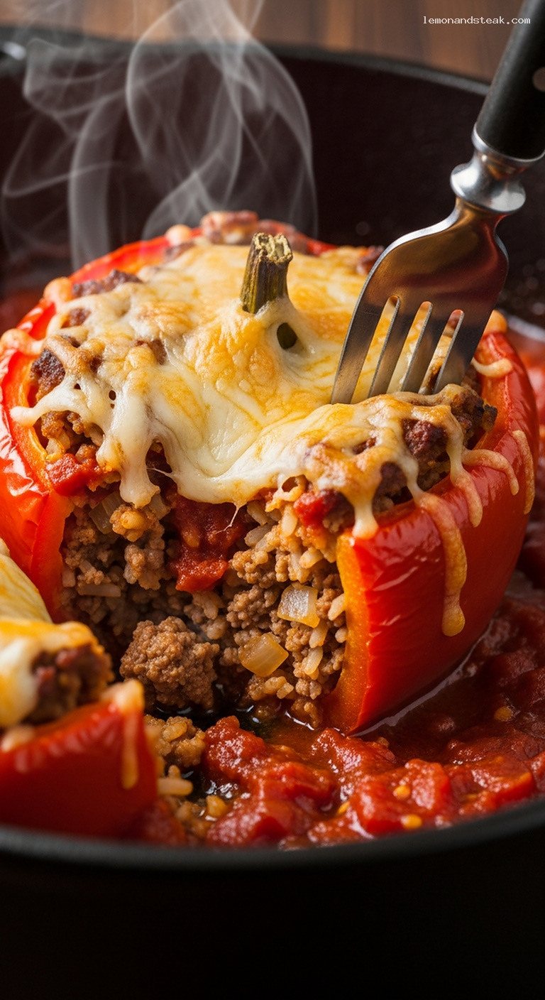 Dutch Oven Stuffed Peppers With Smoky Rice and Meat – Closeup