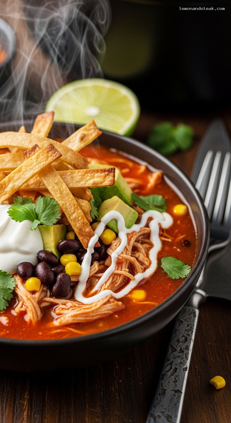 Dutch Oven Tortilla Soup With Chicken, Beans, and Crisp Tortillas – Closeup