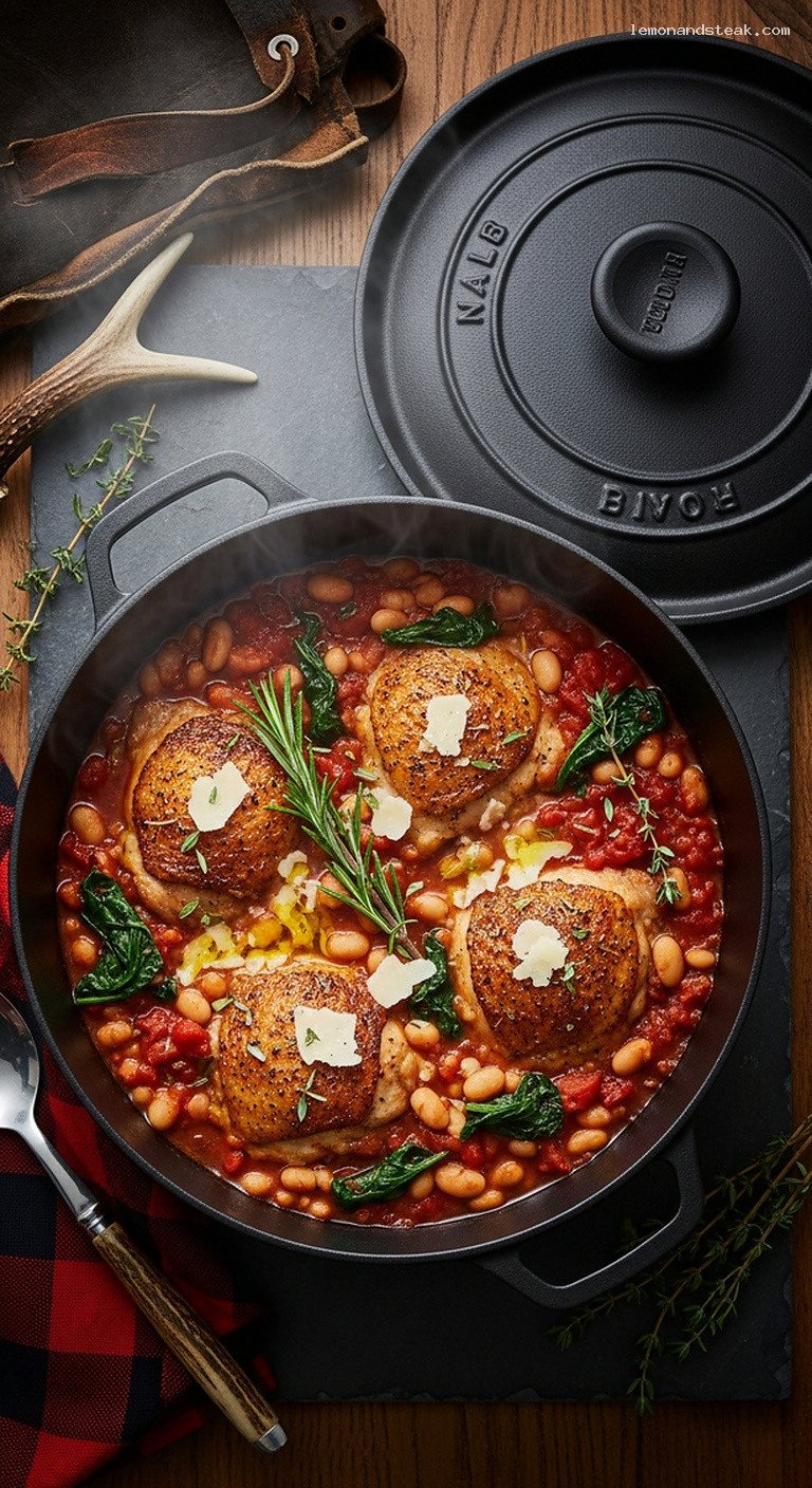 Dutch Oven Tuscan Chicken With White Beans and Spinach
