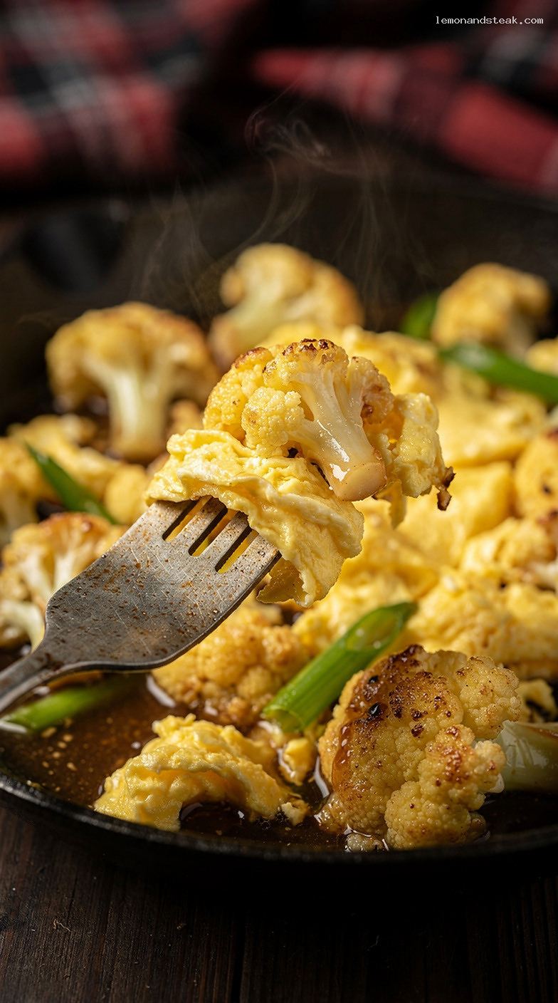Egg and Cauliflower Stir-Fry with Tender Florets – Closeup