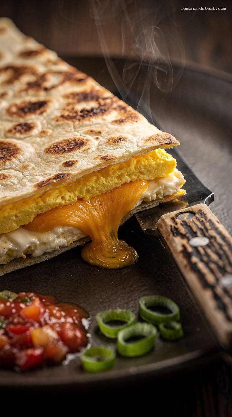 Egg and Cheese Breakfast Quesadillas with Scrambled Eggs – Closeup