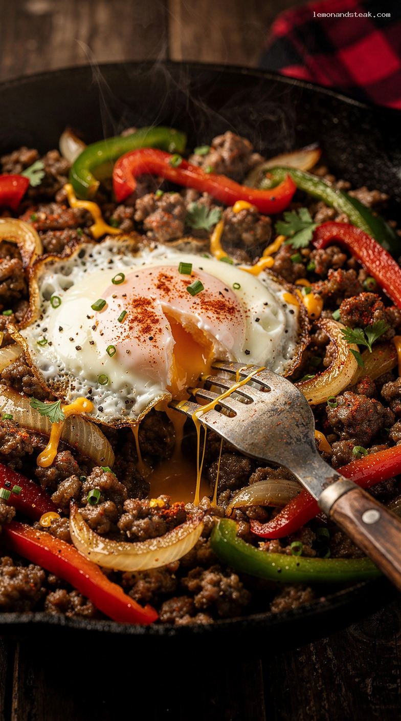 Egg and Sausage Breakfast Skillet with Peppers and Onions – Closeup