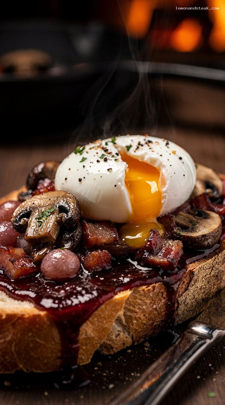 Eggs En Meurette With Red Wine Mushroom Sauce – Closeup