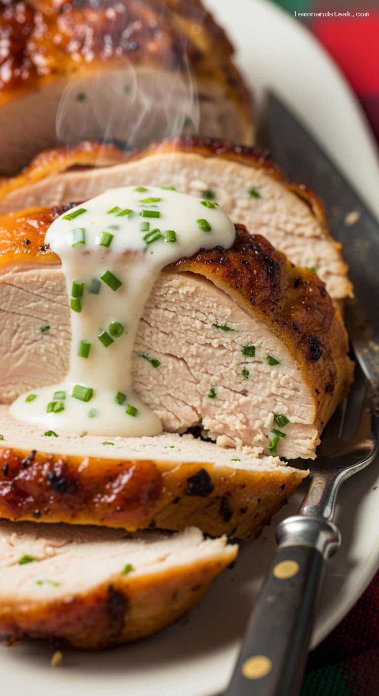 Farmhouse Garlic-Chive Butter Roast Turkey with Warm Cream – Closeup