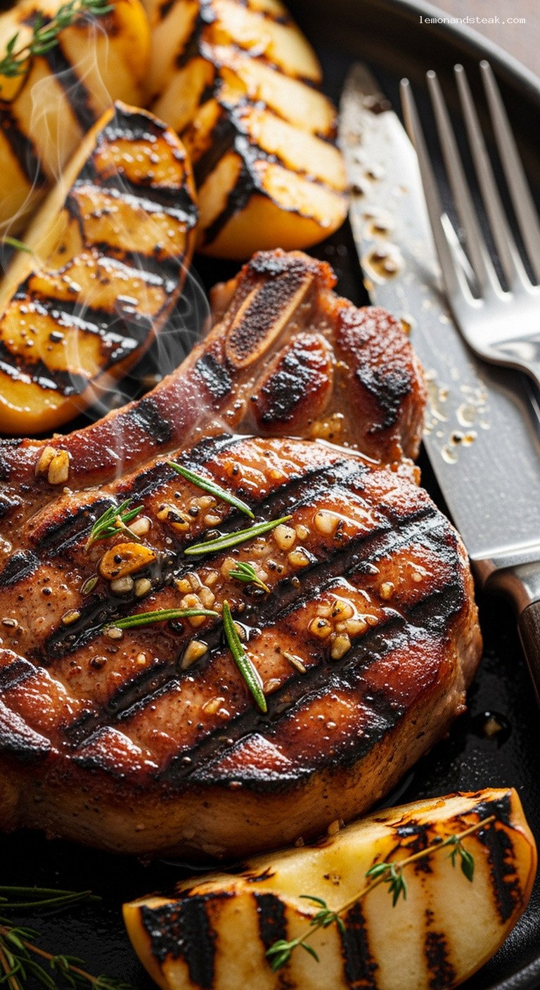 Fire-Grilled Garlic Herb Pork Chops with Charred Apples – Closeup