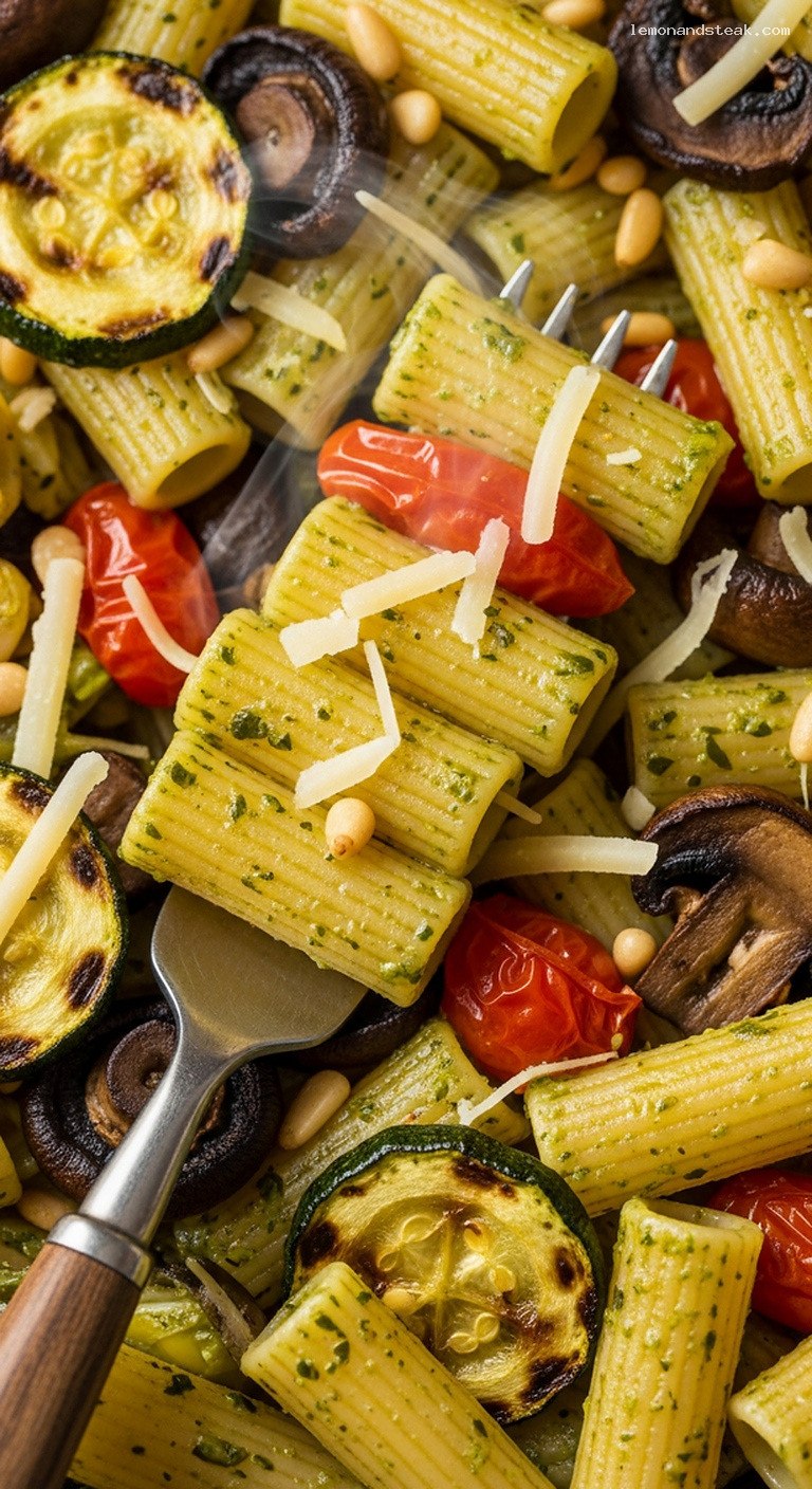 Fire-Roasted Vegetable Pesto Pasta with Charred Zucchini – Closeup