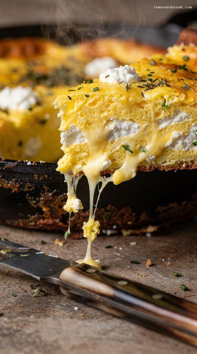 Fluffy Baked Egg and Ricotta Casserole with Herbs and Cheese – Closeup