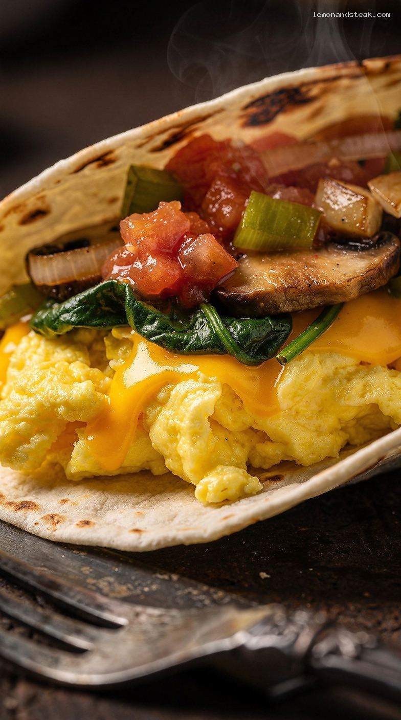 Fluffy Scrambled Egg and Cheese Breakfast Tacos – Closeup