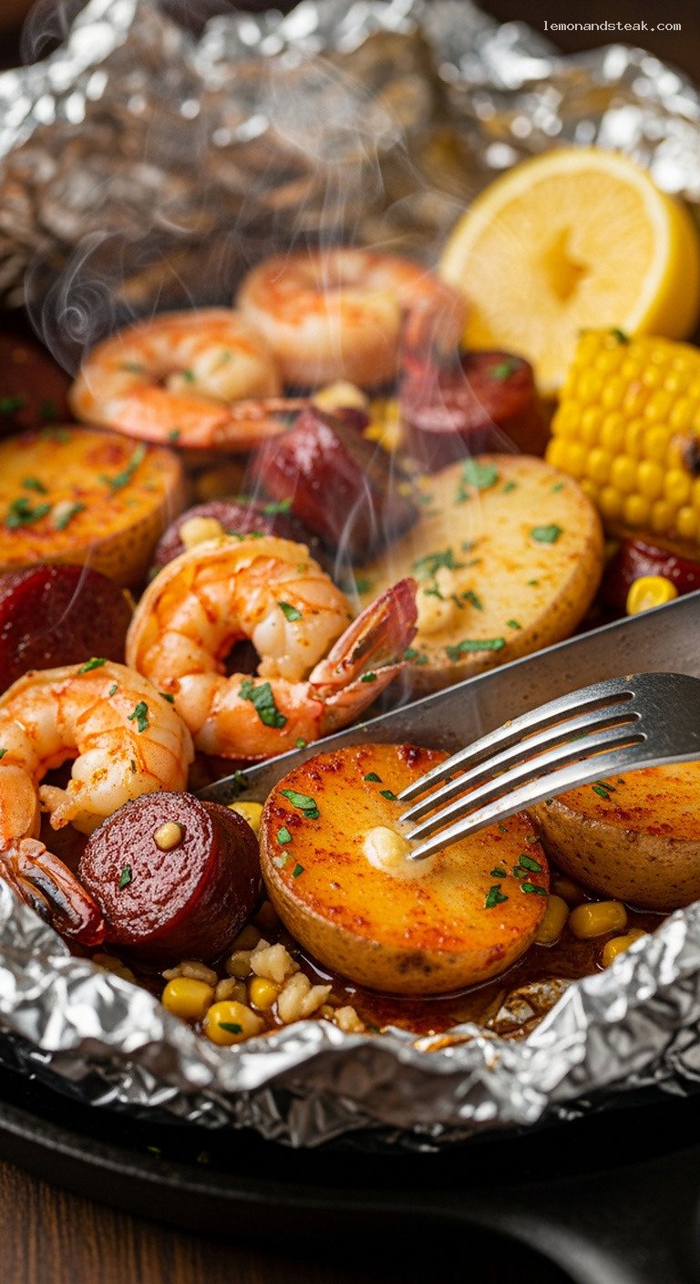 Foil Packet Cajun Shrimp and Andouille Boil with Corn and Potatoes – Closeup