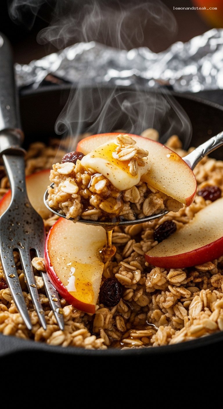 Foil-Packet Cinnamon Apple Oatmeal with Steamed Spiced Apples – Closeup