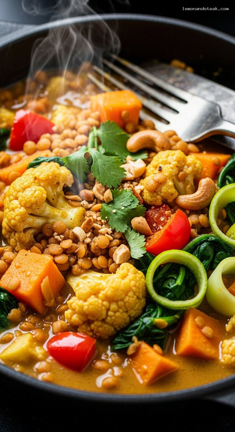 Foil-Packet Coconut Curry Lentil and Vegetable Stew – Closeup