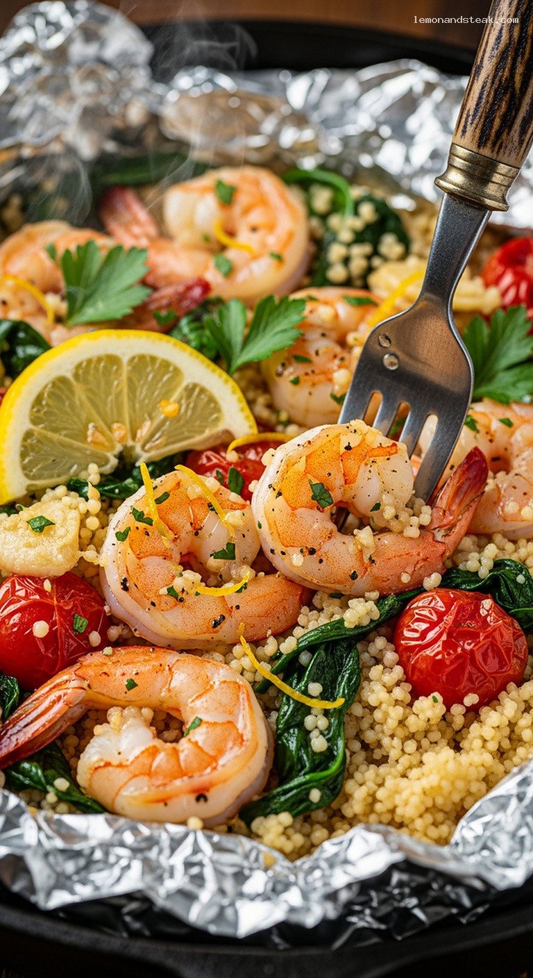 Foil Packet Lemon Garlic Shrimp With Steamed Couscous – Closeup