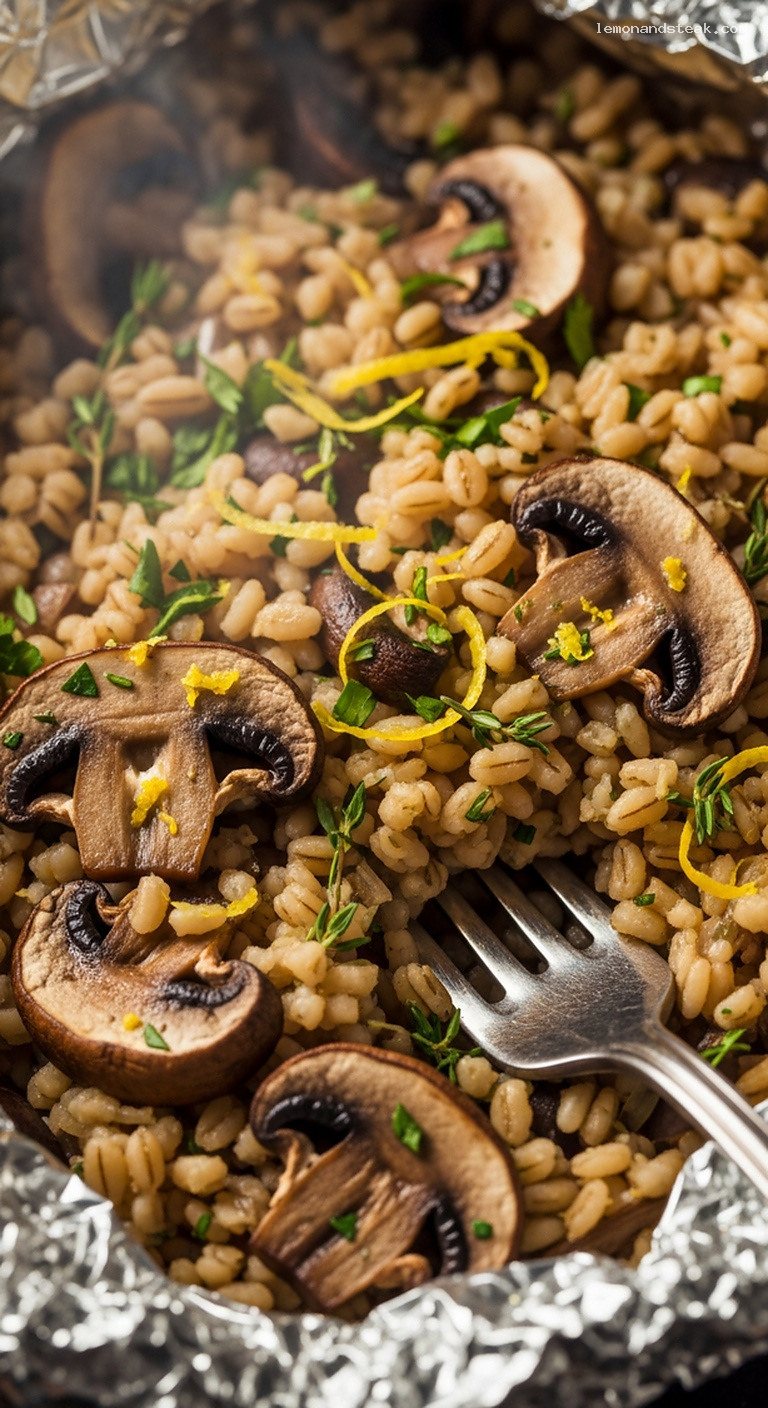 Foil Packet Mushroom Barley and Herb Pilaf – Closeup