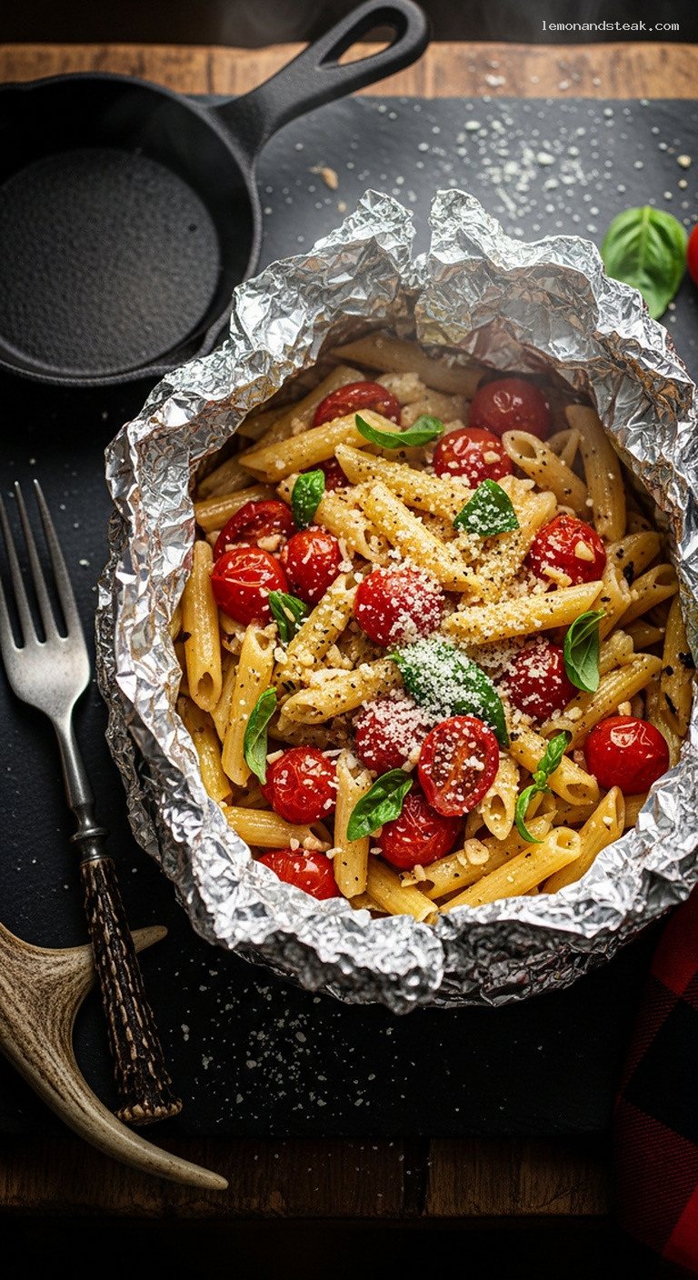 Foil-Packet Tomato Basil Camp Pasta with Garlic and Herbs