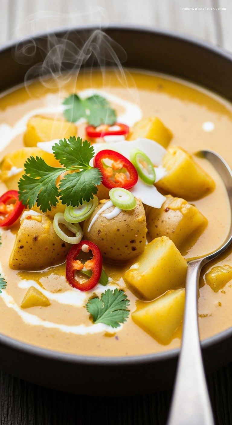 Fragrant Potato and Coconut Curry Soup – Closeup