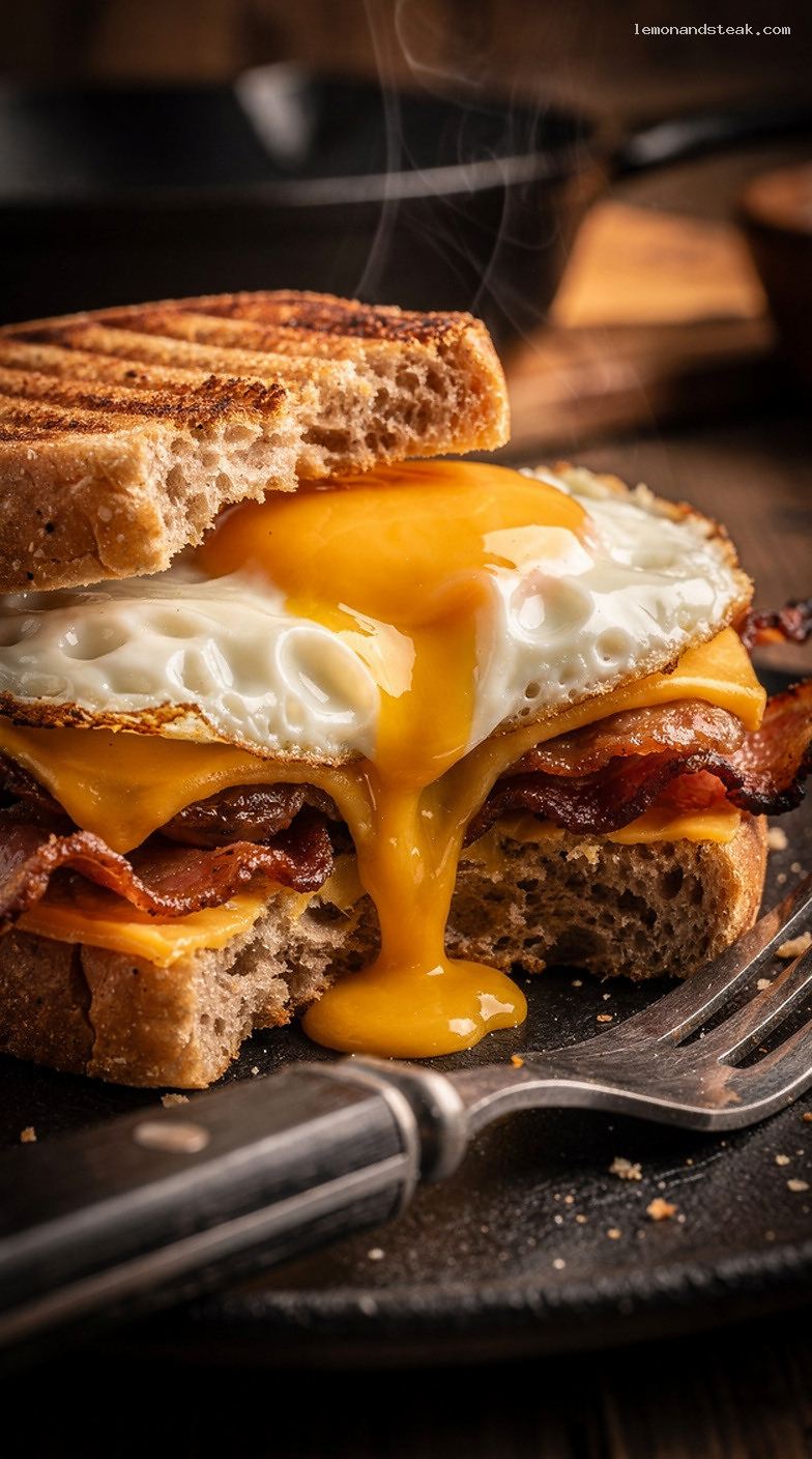 Fried Egg Breakfast Sandwich on Toasted English Muffin – Closeup