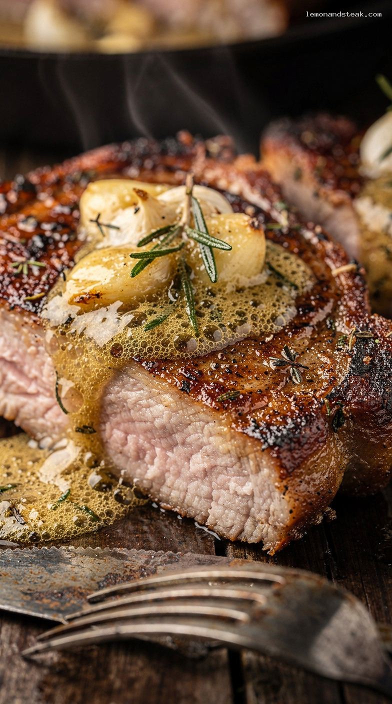 Garlic Butter Basted Pan-Seared Pork Chops – Closeup