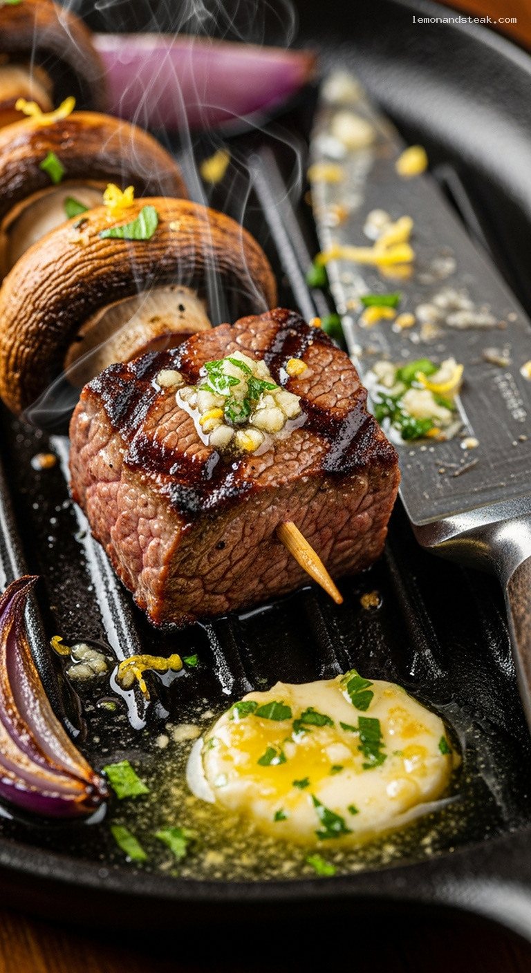 Garlic Butter Grilled Steak and Mushroom Skewers – Closeup
