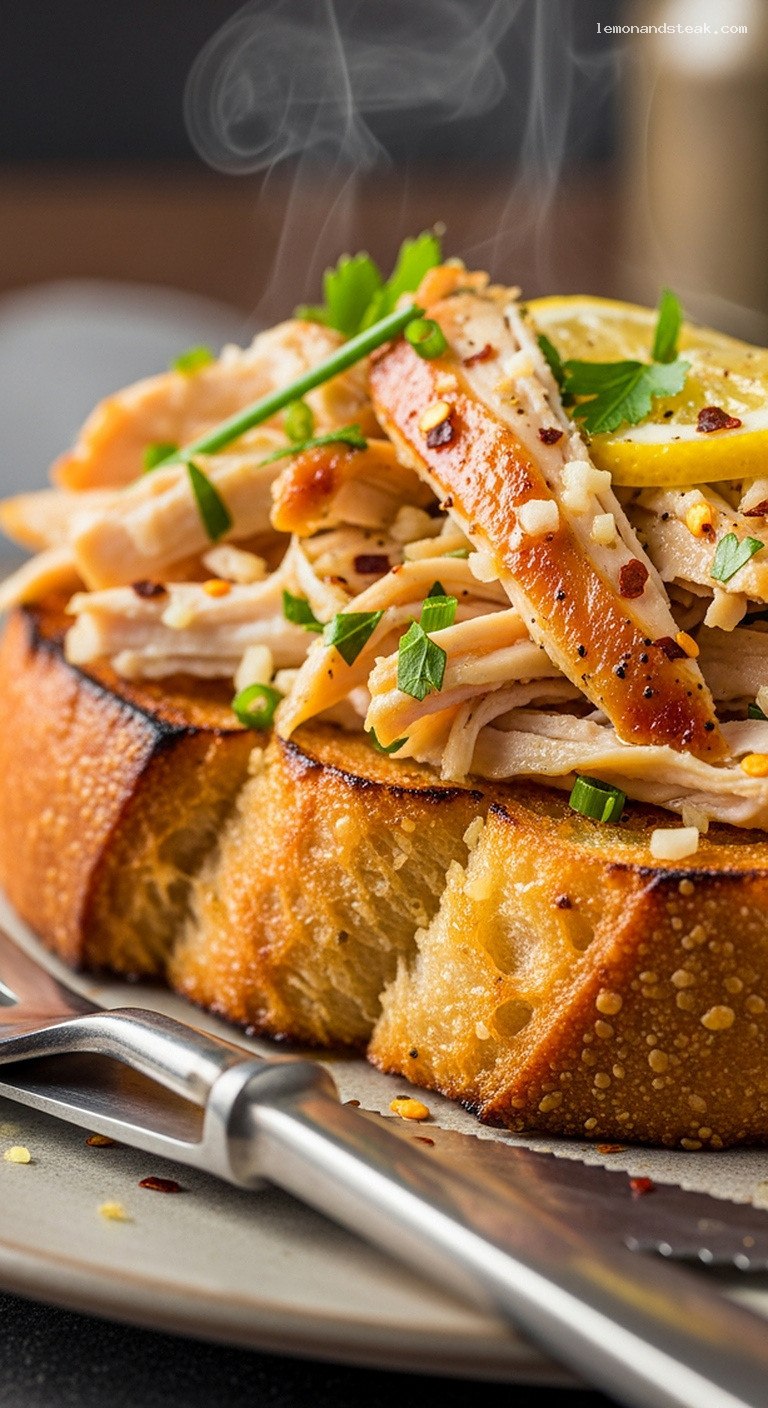 Garlic Butter Rotisserie Chicken Toasts – Closeup