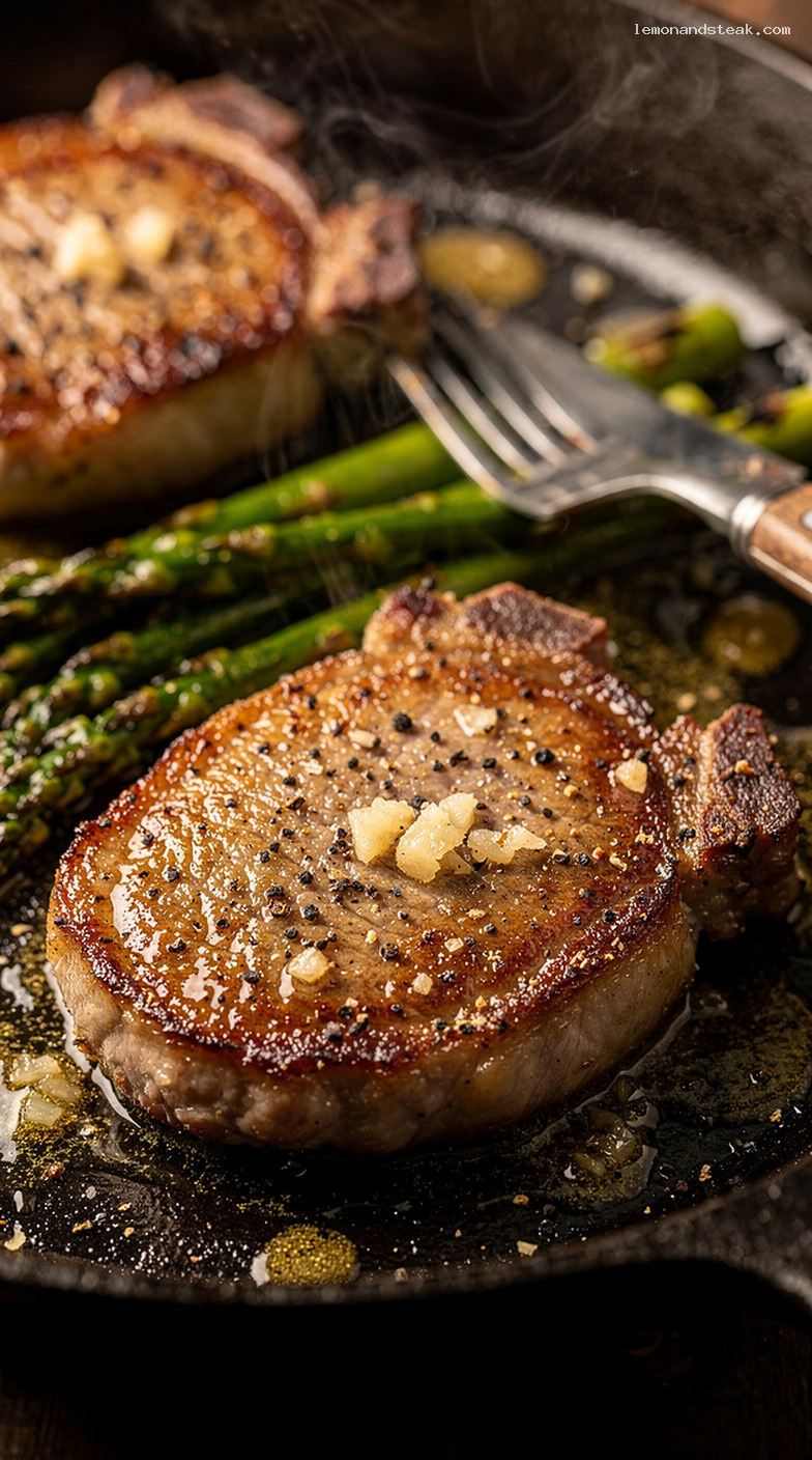 Garlic Butter Skillet Pork Chops With Asparagus – Closeup