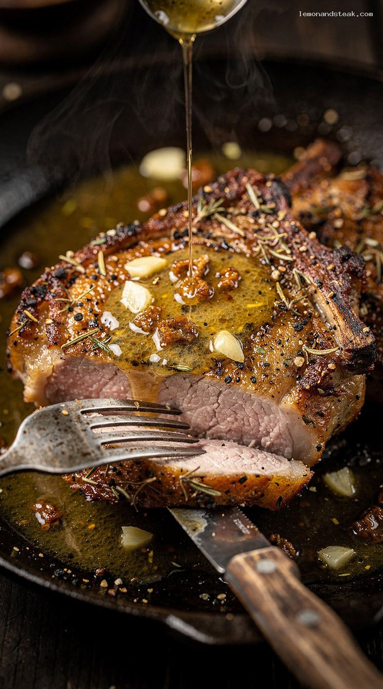 Garlic Herb Butter Oven-Roasted Pork Chops with Pan Juices – Closeup