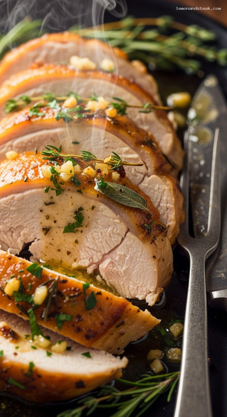 Garlic Herb Butter Roasted Turkey With Wine Reduction – Closeup