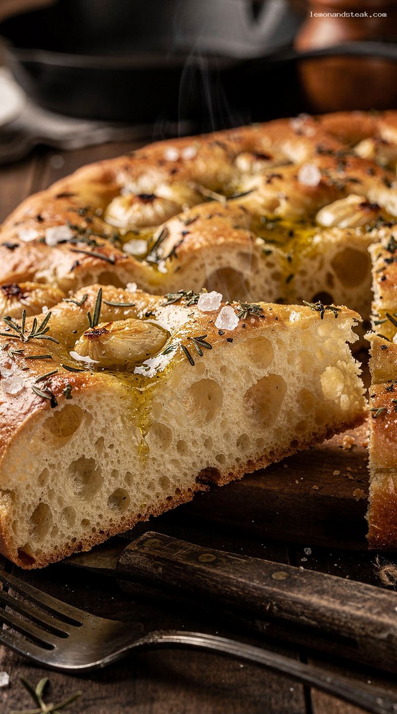 Garlic Herb Focaccia With Roasted Garlic and Olive Oil – Closeup